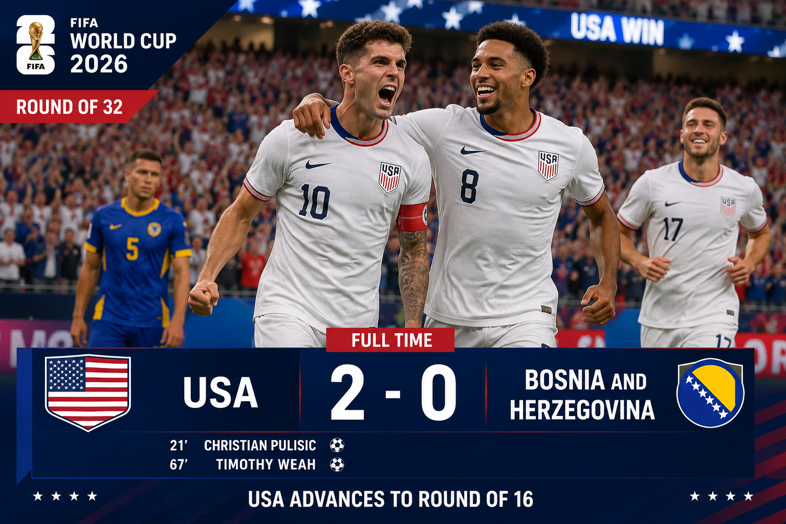 USA Defeats Bosnia and Herzegovina 2–0 to Secure a Place in the FIFA World Cup 2026 Round of 16